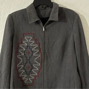 Women XL‎ Lined Zip Grey Blazer Padded Shoulder Embroidered Southwestern Maroon